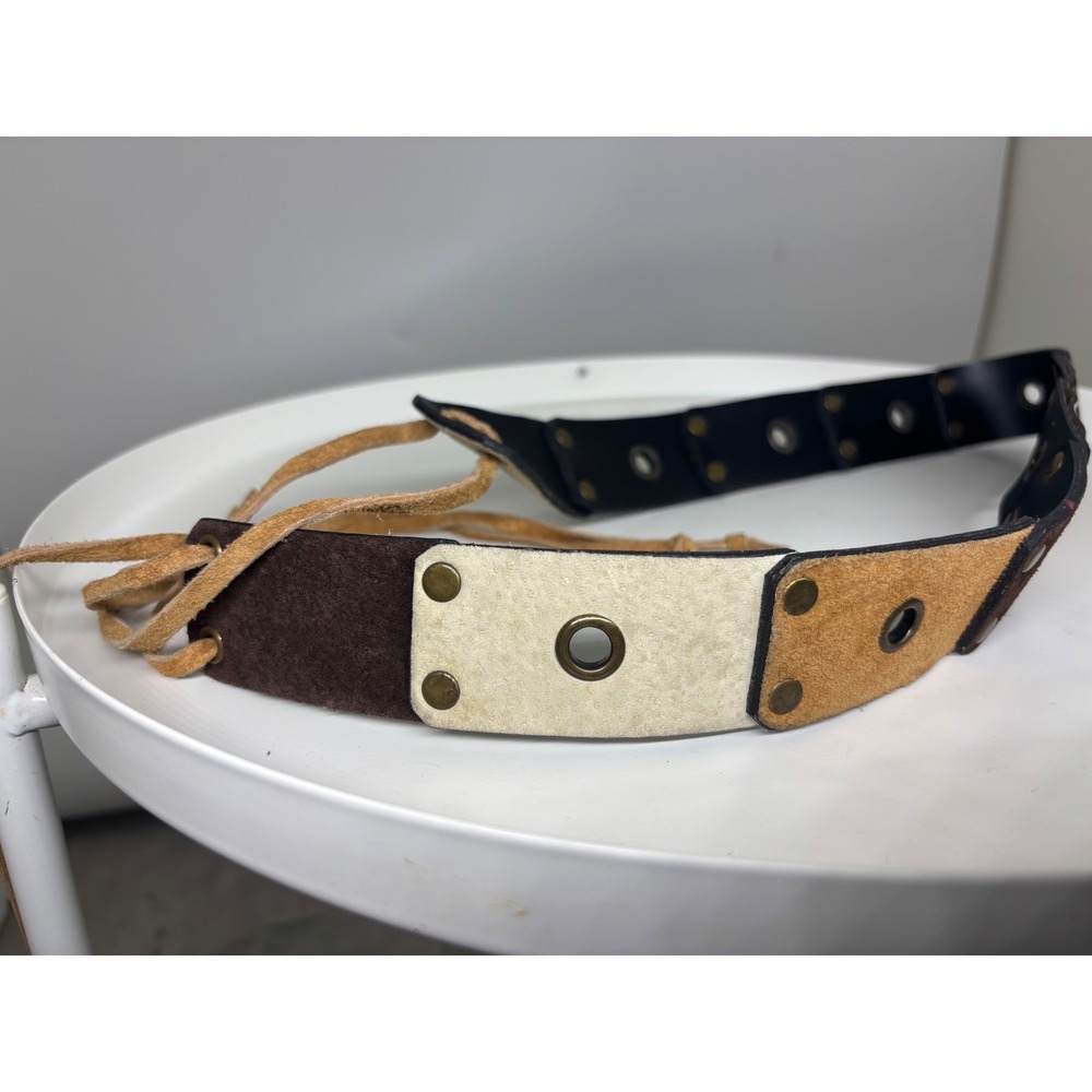 Womens Brown Patchwork Suede Leather Lace Up Grommet Belt Small Boho Earthy